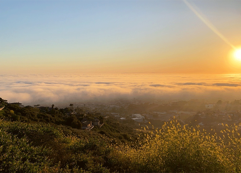 Mountain top view over-looking marine fog layer in San Clemente.